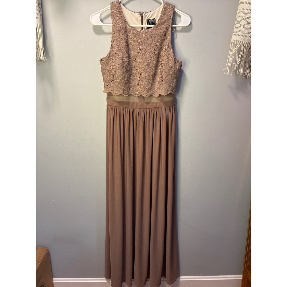Nightway‎ Womens Tan Lace Sequin Mesh Inset Formal Evening Gown Dress 10P